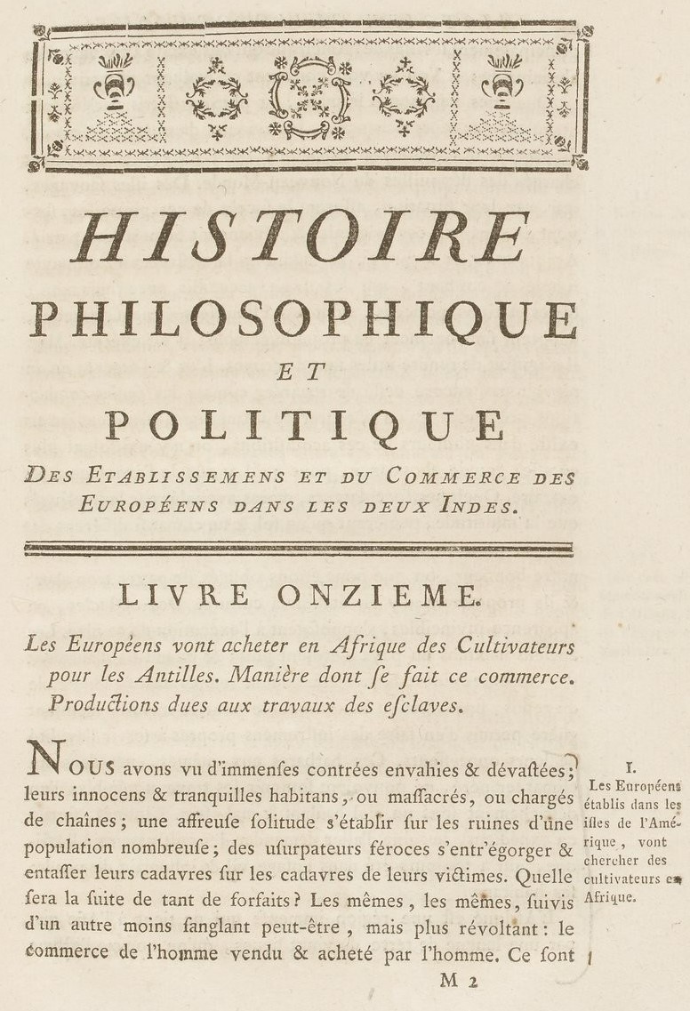 Page de titre du "Livre onzième" dans l'"Histoire philosophique et politique (...)" de Guillaume-Thomas Raynal