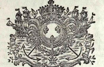 Gravure sur bois représentant des bateaux entourés des symboles royaux